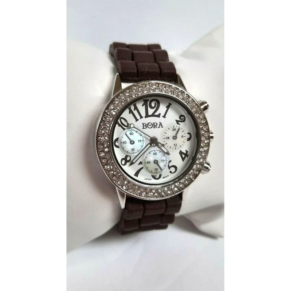 Bora Women's Watch Brown Numbers Silicone‎ Band Quartz Crystal Bezel Pre-owned